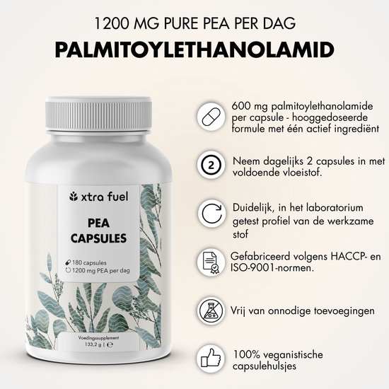 Witte fles met 'XTRA FUEL PEA CAPSULES' en botanische illustraties. 180 capsules, 1200 mg PEA per dag.