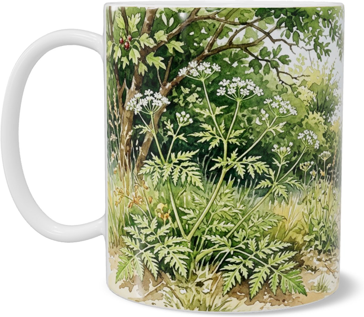 Koffiemok Fijne kervel Anthriscus caucalis in weide met koeien en kerkdorp - Botanische theemok natuurlandschap - Aquarel Series - Cadeau voor haar: Vrouw, Vriendin of Collega - Landelijke mok voor thuis of kantoor