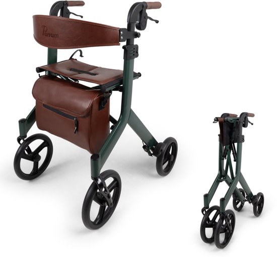 Rollator vert mousse avec siège, dossier et sac marron, à côté d'un modèle plié.