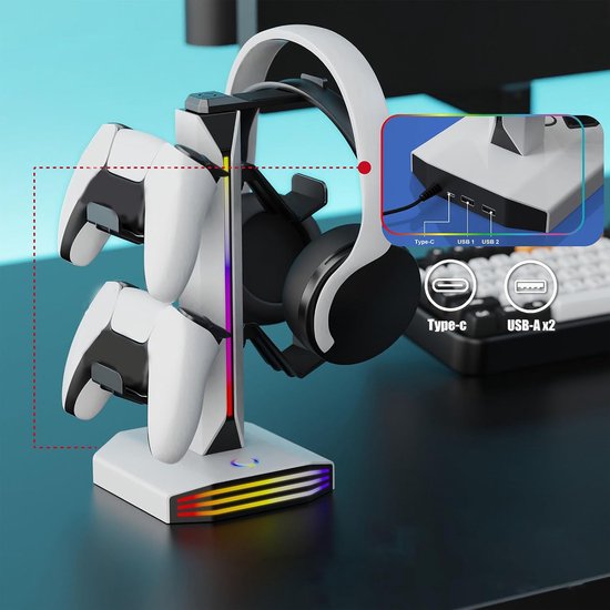 Gaming Headset Stand - Controller Houder - Bureau Organiseren - Met RGB Verlichting - 29.8cm Lang - Zwart — afbeelding 4