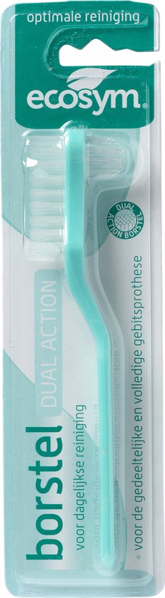 Turquoise Ecosym Dual Action gebitsborstel in verpakking. Met witte borstelharen en blauwe tekst.
