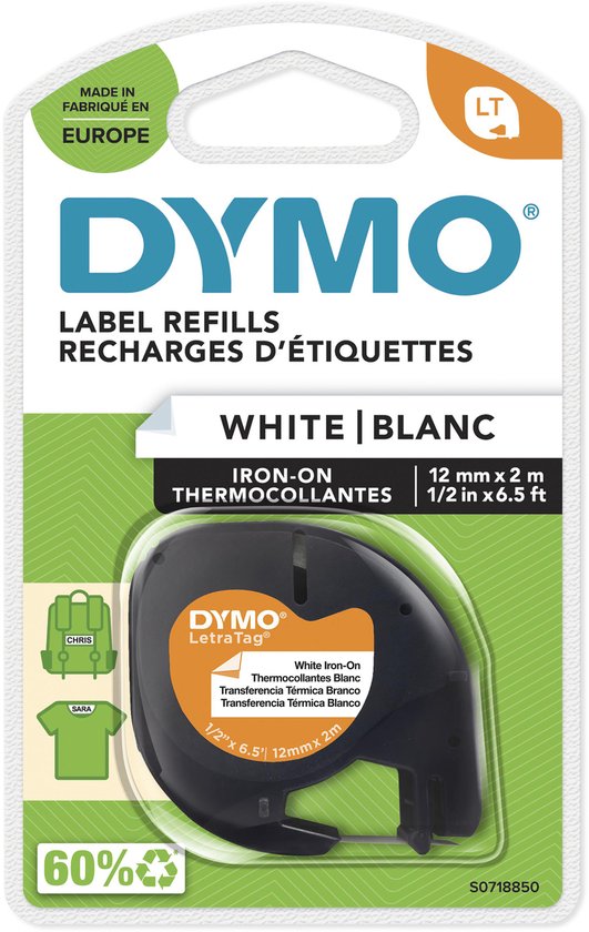 Dymo LetraTag Lettertape 12mm x 2m Opstrijkbaar Zwart Wit