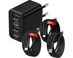 USB-C Snellader 50W 4-Poorts – QC 5.0 USB + PD3.0 USB-C – Inclusief 1M Lightning + 1M USB-C + 2M USB-C Kabel – Geschikt voor iPhone & Samsung – Zwart
