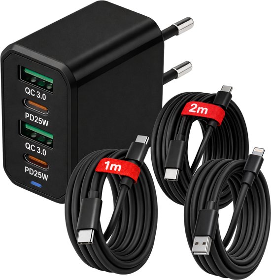 USB-C Snellader 50W 4-Poorts – QC 5.0 USB + PD3.0 USB-C – Inclusief 1M Lightning + 1M USB-C + 2M USB-C Kabel – Geschikt voor iPhone & Samsung – Zwart