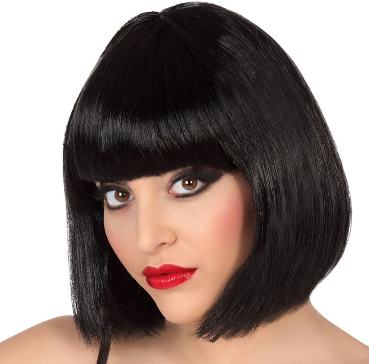 Atosa Pruik boblijn - zwart - half lang haar - verkleedpruik - dames - carnaval