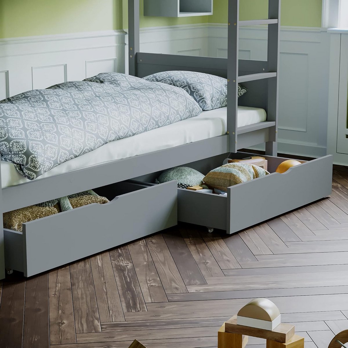 Houten Onderbed Laden voor Kinderen - Set van 2 Ruime Lades in Grijs