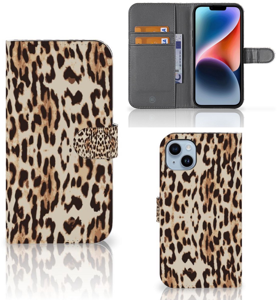 iPhone 15 Plus Telefoonhoesje met Pasjes Leopard