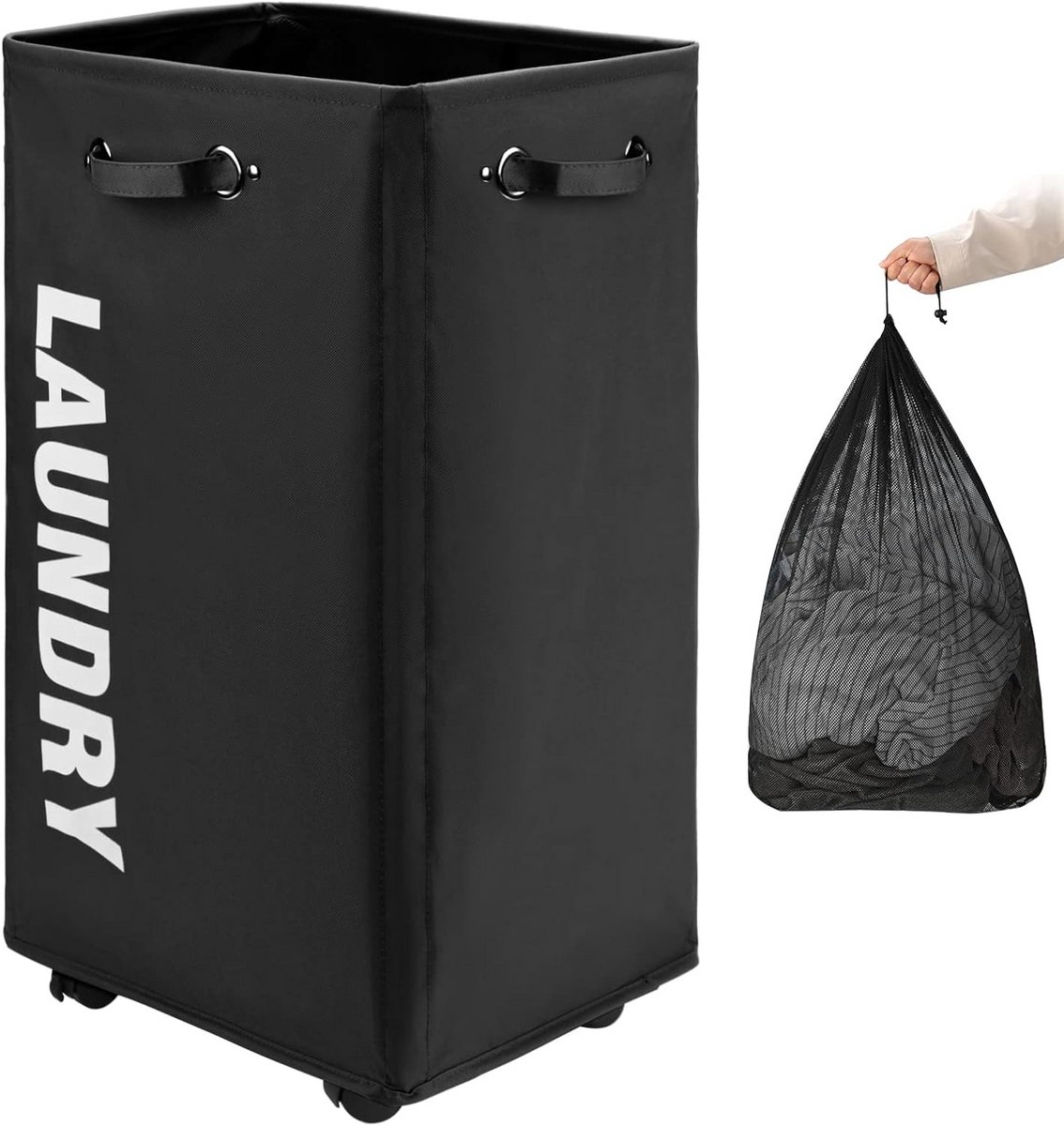 XL Wasmand op Wieltjes met Verwijderbare Waszak - Inklapbare Kledingorganizer