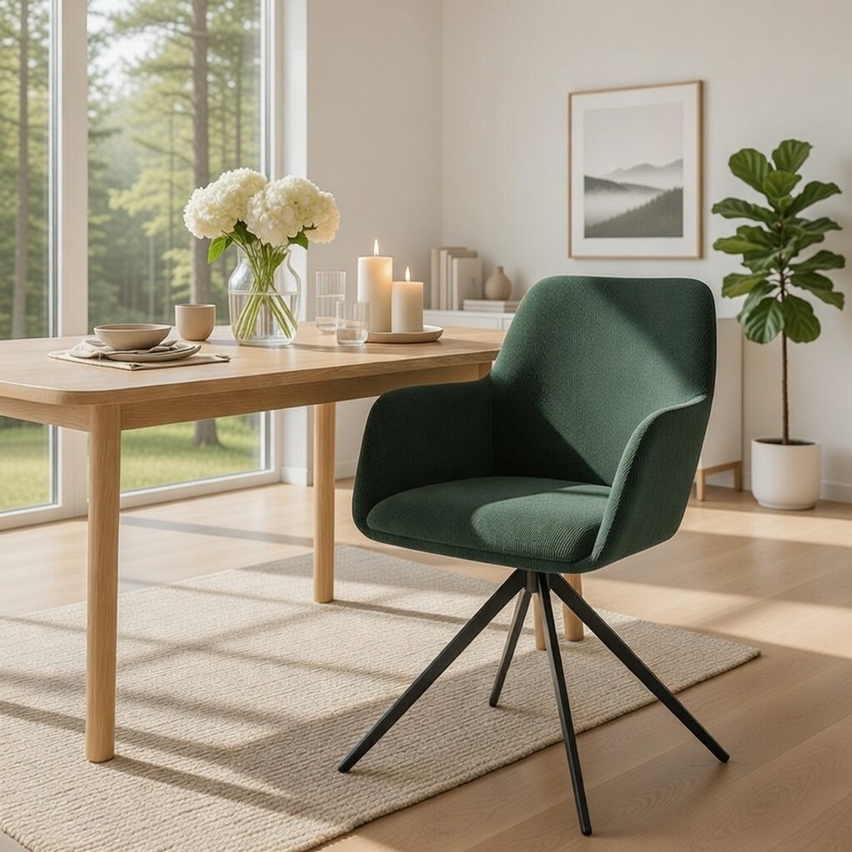 Olema Luxe Corduroy Draaibare Eetkamerstoel 180° – Moderne Eetkamerstoel met Armleuningen en Rugleuning – Comfortabele Gestoffeerde Keukenstoel – Metalen Frame – Belastbaar tot 150 kg – Groen - novihome