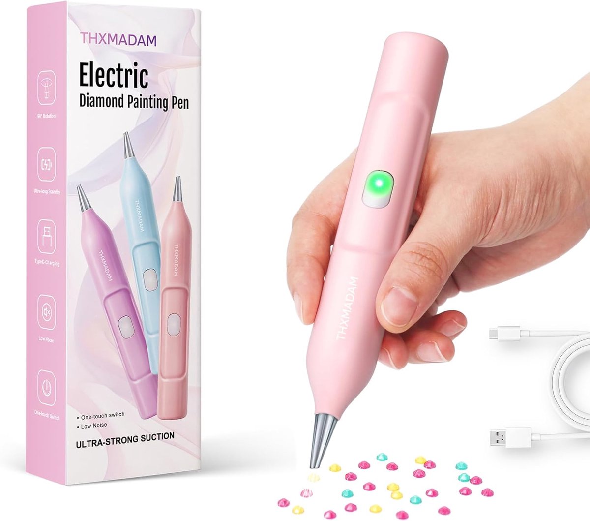 THXMADAM Elektrische Diamond Painting Pen Pro, draadloze diamant kunst schilderij pen met vacuümpomp voor volwassenen, knopschakelaar controle, USB-C opladen, diamant schilderij accessoires