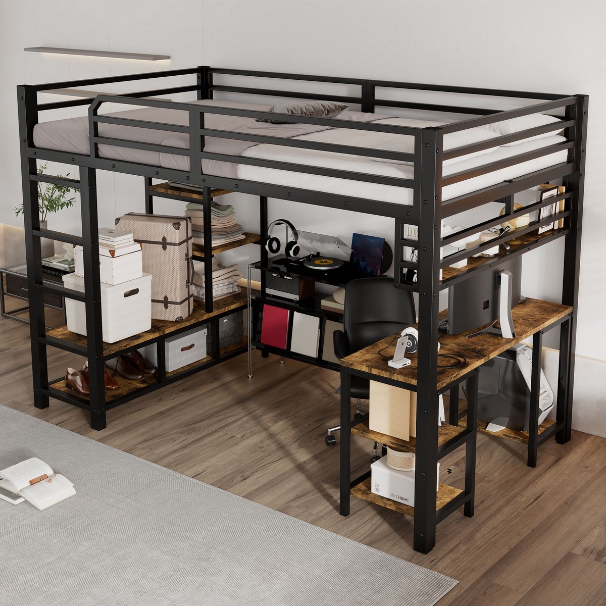 OKWISH Hoogslaper 120x200 cm - Met Bureau En Plank - 4-Treden Ladder - Kinderkamer - Metaal Hout - Zonder Matras - Zwart