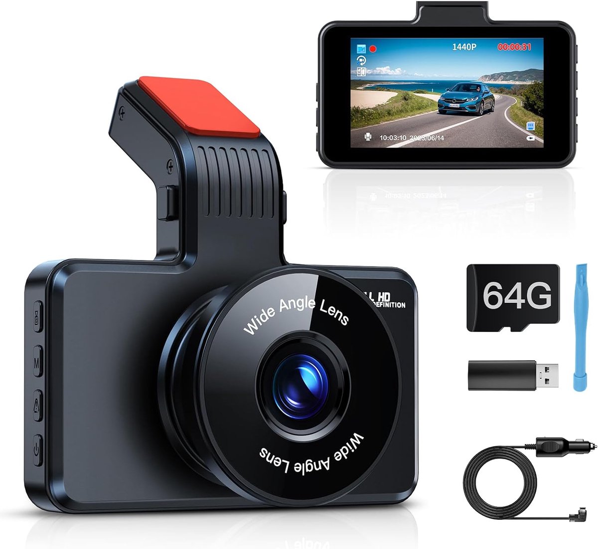 Autodashcam voor met 64 GB SD-kaart, 1080P FHD 3" autodashcam, autodashcam met 170° groothoek, nachtzicht WDR, loopopname