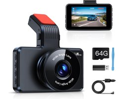 Autodashcam voor met 64 GB SD-kaart, 1080P FHD 3" autodashcam, autodashcam met 170° groothoek, nachtzicht WDR, loopopname