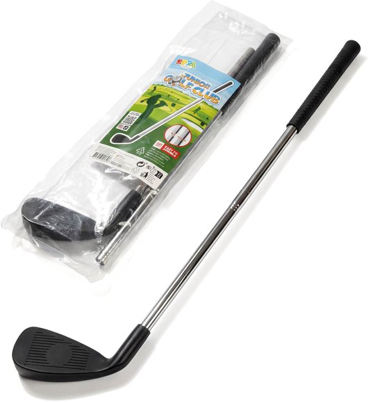 Zwarte junior golfclub met verchroomde steel, in plastic verpakking. "JUNIOR GOLF CLUB" en "EASY TO ASSEMBLE".