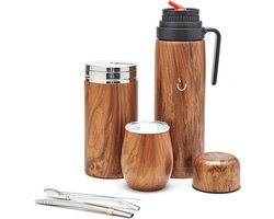 BALIBETOV Yerba Mate Bekerset - Moderne Yerba Mate Kalebas, Thermoskan, Yerba Mate-Container (Yerbero), Bombilla (Mate-Rietje) en Reinigingsborstel - 304 18/8 Roestvrij Staal (Hout)