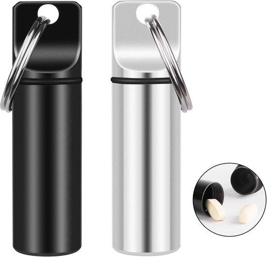 Lot de 2 petits piluliers avec porte-clés – Mini pilulier portable en alliage d'aluminium – Pilulier métallique étanche pour activités de plein air, camping et voyage – Noir et blanc
