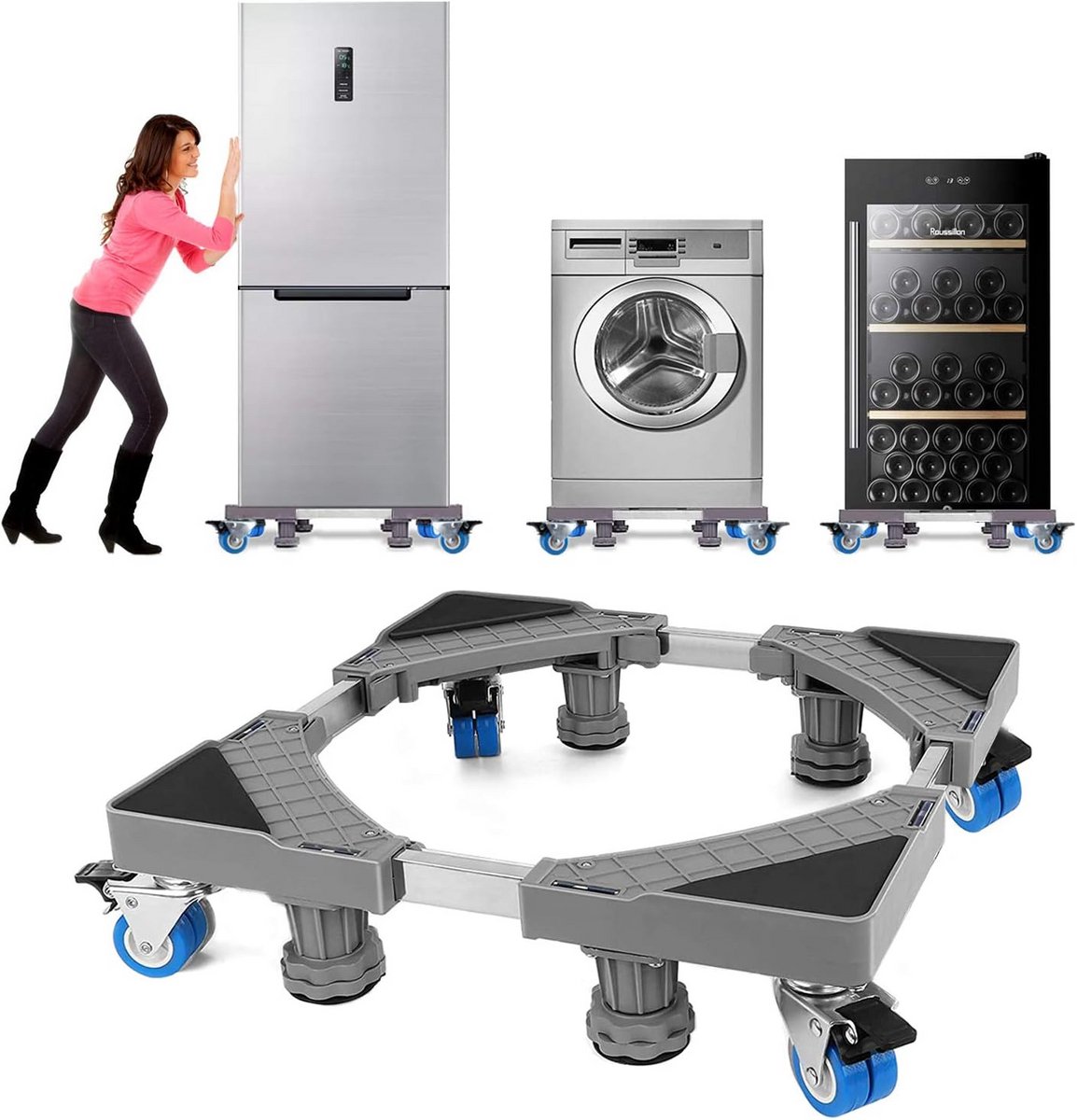 Verstelbare Wasmachinebasis met 4 Wielen - Maximale Belastbaarheid 300 kg - H 9-12 cm, B 41.5-65 cm