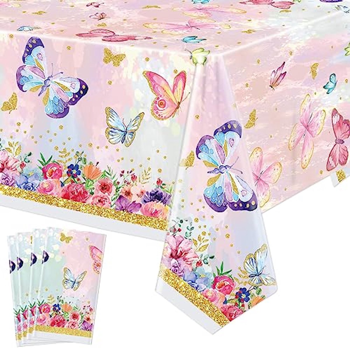 Ultiluxe® Tafellaken Wegwerp - Vlinders en Bloemen - Dun Tafelkleed - Tafeldecoratie - 130 x 220 cm - Waterafstotend - Kunststof - Voor feestjes en verjaardagen - Roze/goud