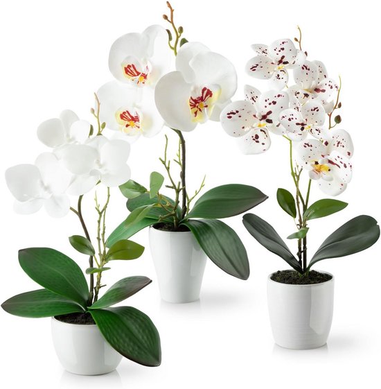 Set van 3 Kunstorchideeën in Hoogglans Keramische Pot, 35 cm - Stijlvol Decoratief Arrangements