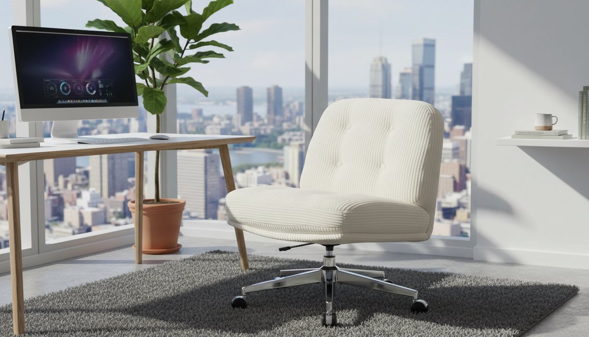 Bureaustoel Casa Velluto LuxeFlex – Armloze, Brede, Draaibare Bureaustoel Met Wielen – In Hoogte Verstelbaar, Ergonomisch, Corduroy Fluweel Zitting – Comfortabel Voor Kleermakerszit, Thuiswerk, Kantoor en Leeshoek – Wit