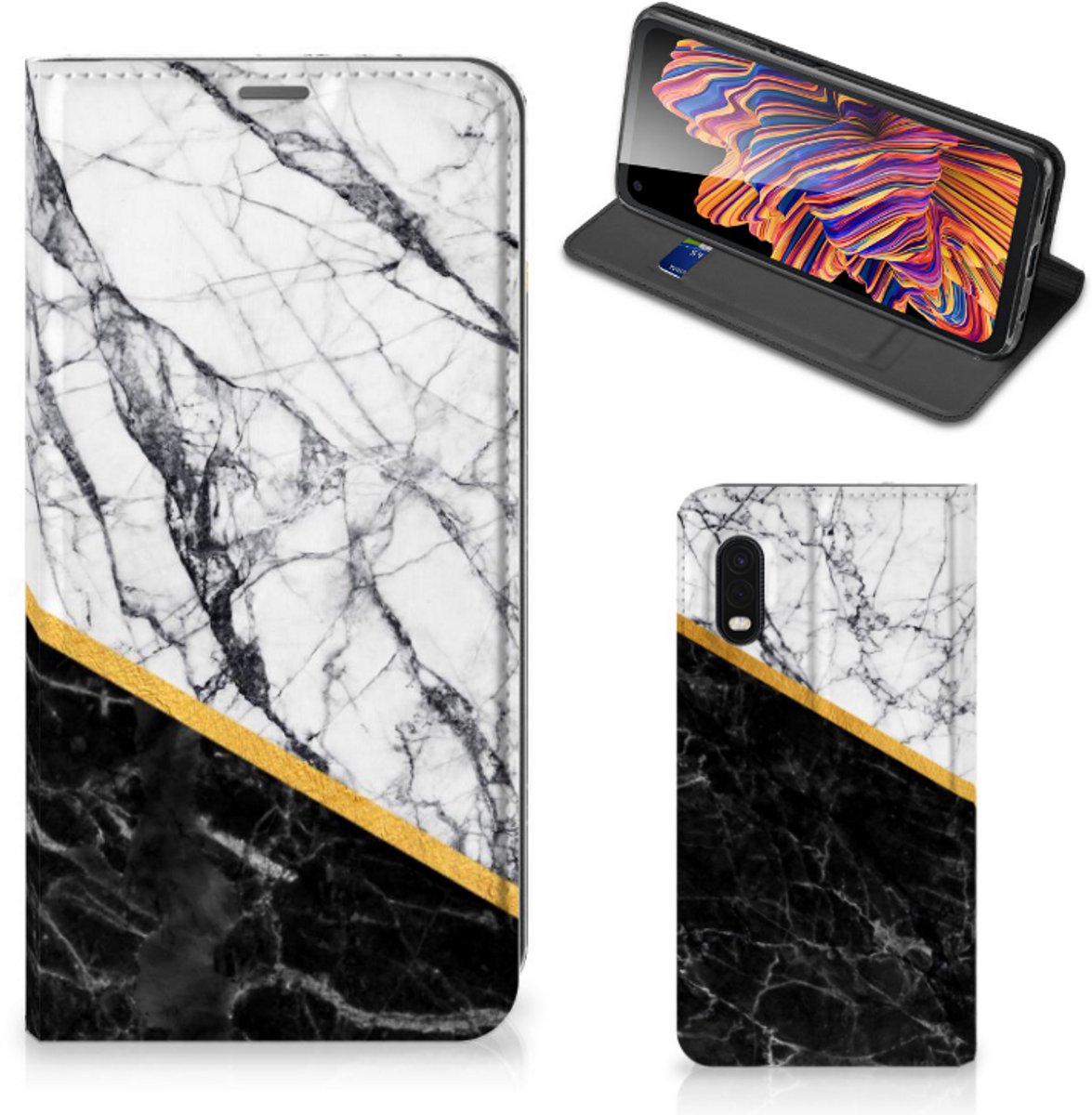 Samsung Xcover Pro Standcase Marmer Wit Zwart - Origineel Cadeau Man
