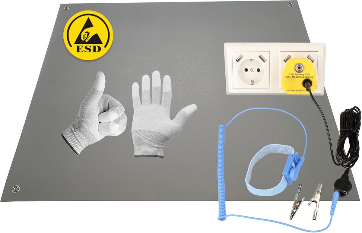 Antistatische ESD-tafelmat 60 x 30 cm met Armband en Aardingsstekker
