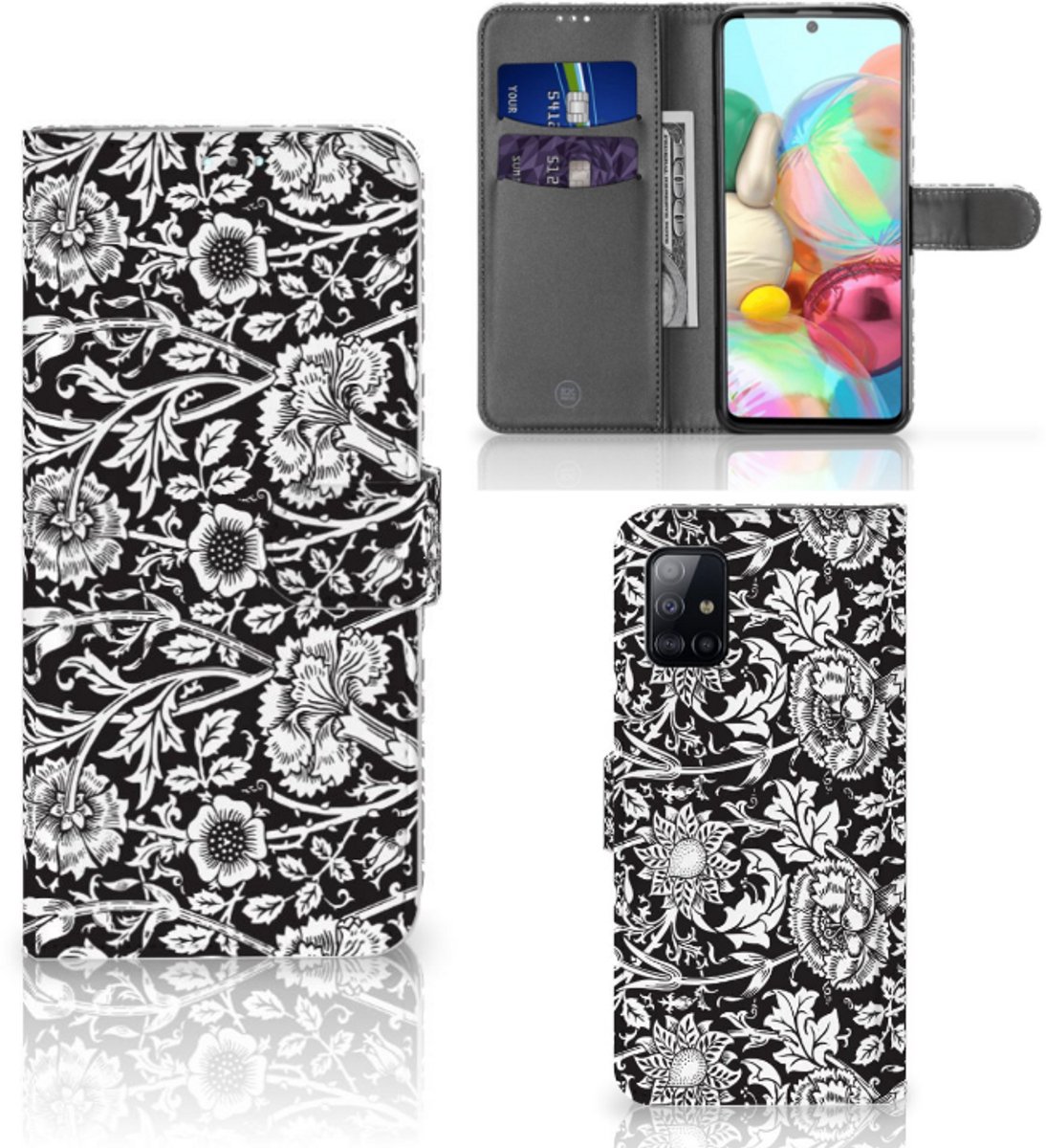 Samsung Galaxy A71 Hoesje Black Flowers