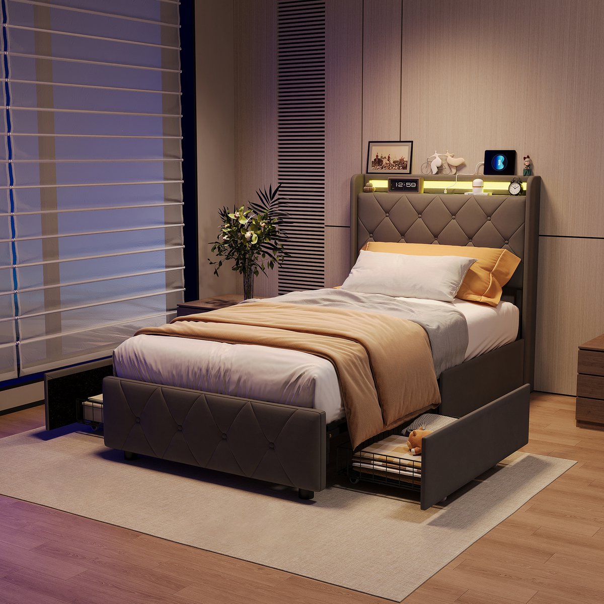 Gestoffeerd Bed 90x200 cm Grijs met 2 Lades – Fluwelen Bedframe met LED Hoofdbord & USB Oplaadfunctie – Eenpersoons Opbergbed