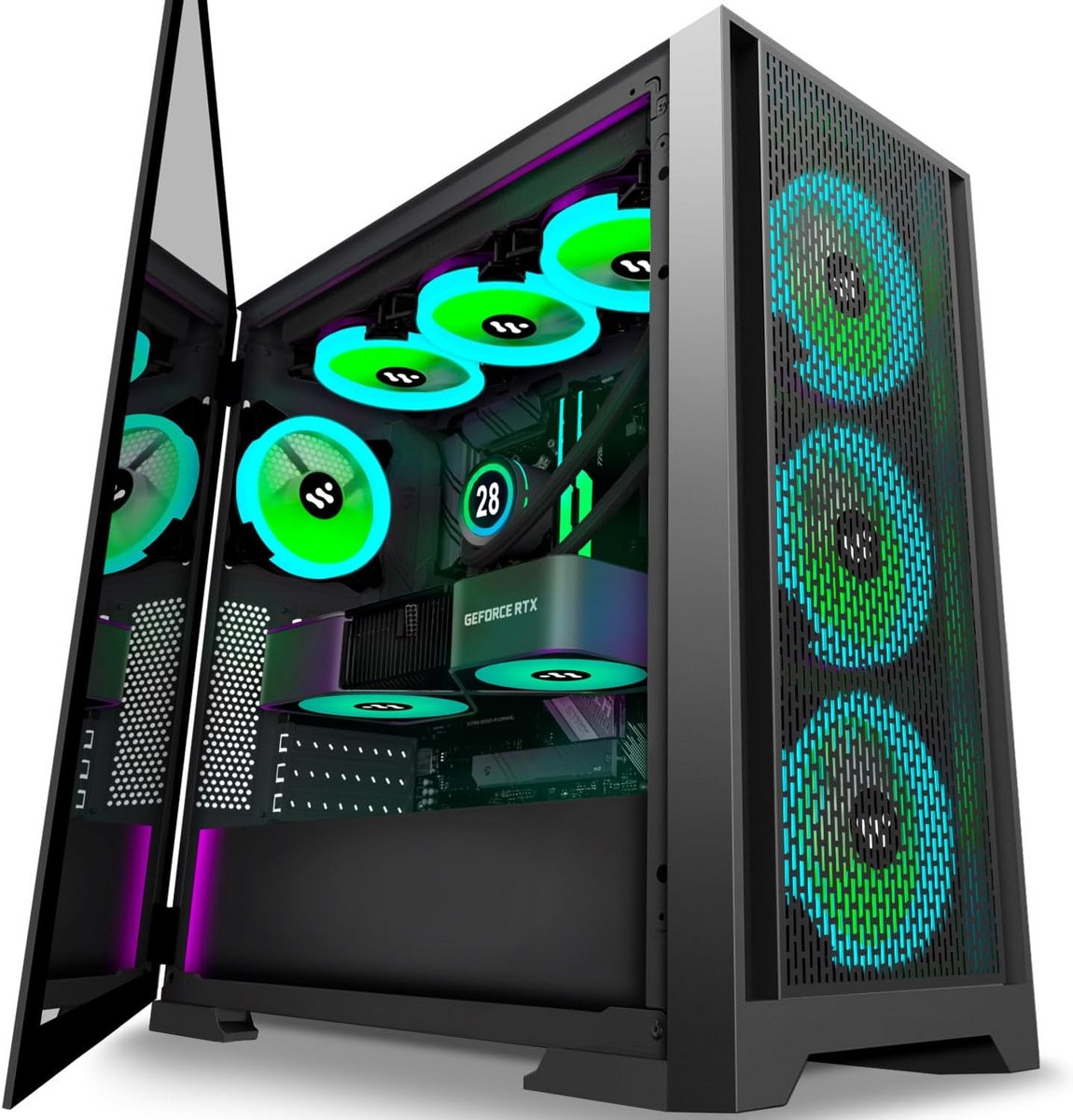 KEDIERS PC-behuizing met 7 PWM ARGB ventilatoren - E-ATX Tower van gehard glas, zwart