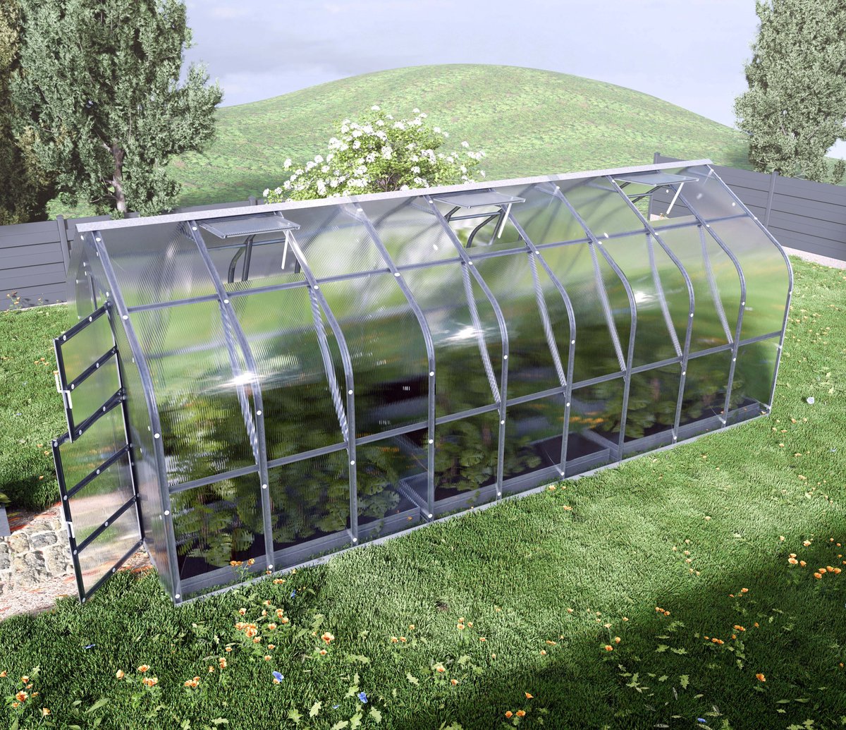 KLASIKA Standaard Tuinkas - 2,5 m x 6 m - 6mm Dikte - Kweekkas - Polycarbonaat afdekking - 3 Automatisch openende daken