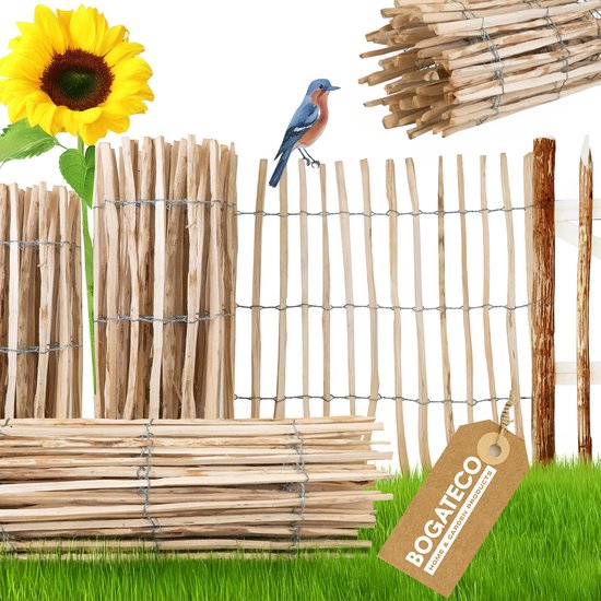 Collage de poteaux en bois, un tournesol, un oiseau et une etiquette marron avec 'BOGATECO HOME & GARDEN PRODUCTS'.