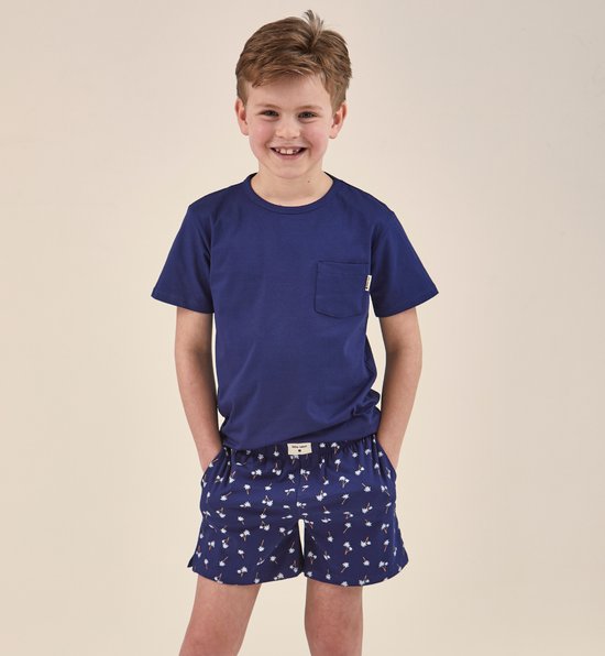Little Label - korte pyjama jongens - donkerblauw palm - 158-164 / 14Y - extra zachte bio-katoen
