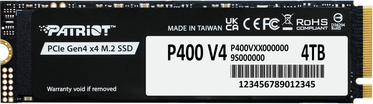Patriot P400 V4 4TB - SSD - M.2 2280 - PCIe Gen4 x4 - 4 TB - NVMe 2.0 - Smart ECC - 1280TBW - zwart