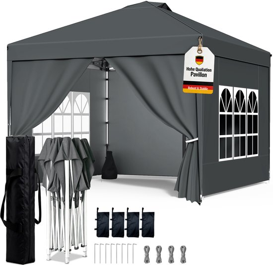 Soontrans - 3x3m Partytent - Tuinpaviljoen Met zandzakken - Opvouwbaar Gazebo Paviljoen - 420D Oxford Waterdicht - UV-bescherming 50+ - Prieel In hoogte verstelbaar - Met 4 zijwanden - Draagtas - Antraciet