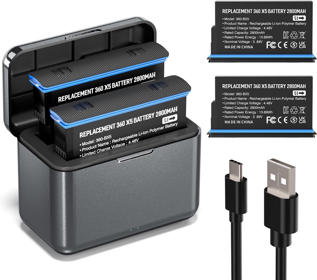 Vervangende Accu's en USB Oplader Set voor 360 Graden Camera