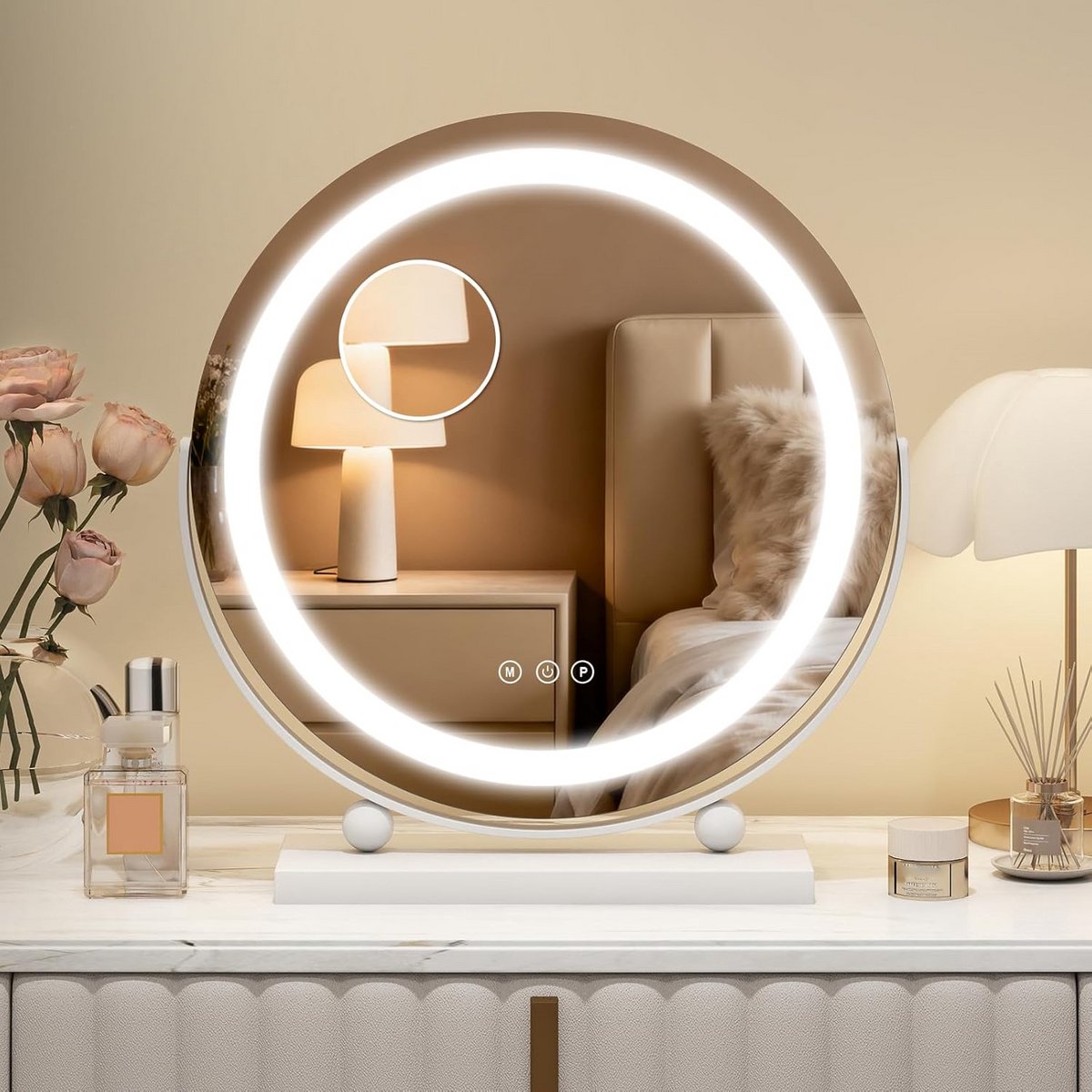 Ronde Verlichte Make-up Spiegel met Touch Control en 360 Graden Draaibaar