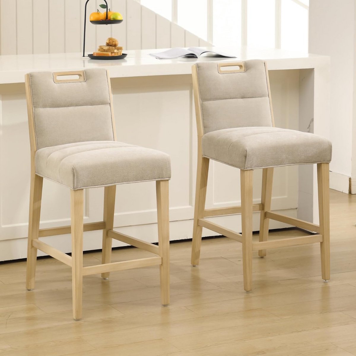 Set van 2 Barkrukken met Houten Poten en Chenille Bekleding voor Keuken en Bar