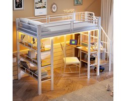 MODFU Hoogslaper 90x200 cm van metaal – wit – met bureau, LED-licht en opbergrek – voor thuisstudie