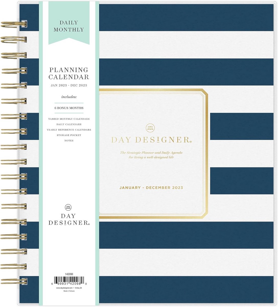 Dagelijkse en Maandelijkse Planner 2023 - Jaarplanner 8x10 Inch met Frosted Cover en Draadgebonden Rug - Navy Stripe