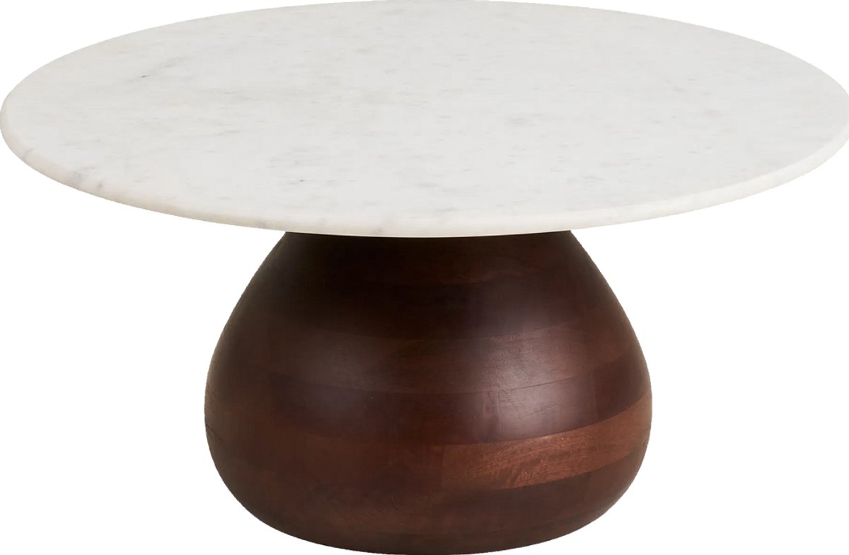 Artichok Herre Houten Salontafel Bruin Met Wit Marmer Blad - Mangohout -Donkerbruin - Natuursteen - Ø70 x 35 cm