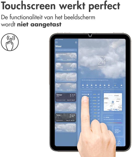 Vinger raakt een iPad Mini met screenprotector aan. "Touchscreen werkt perfect".