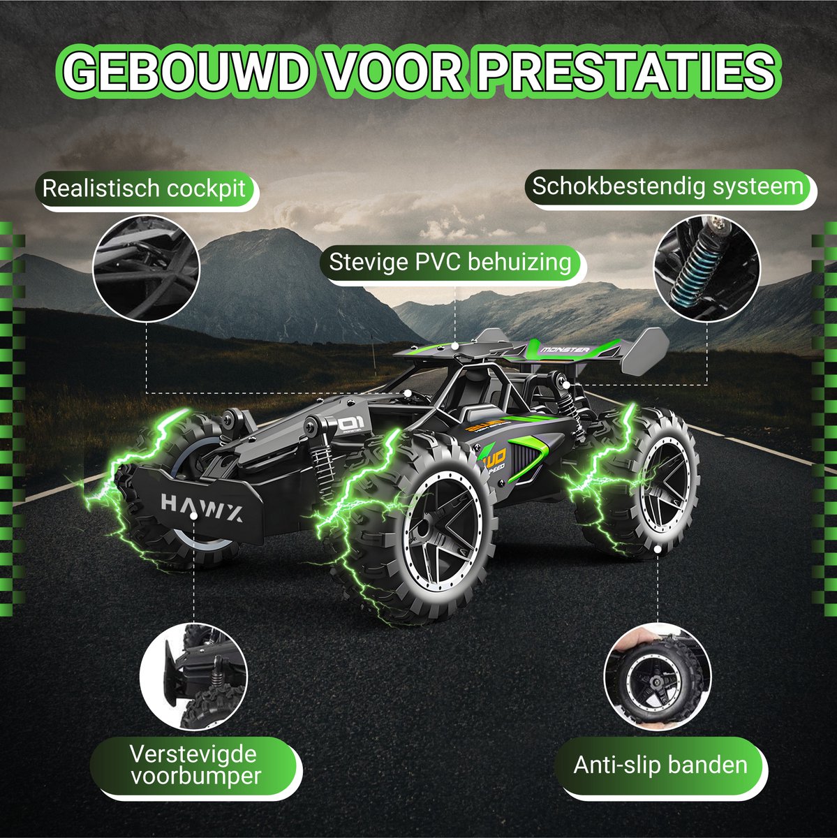 HAWX Bestuurbare Auto - RC Auto - Race Auto - Monstertruck - Afstandsbestuurbare Auto - Volwassenen en Jongens - Voor Buiten - Incl. 3 Batterijen, 8 Verkeerskegels — afbeelding 4