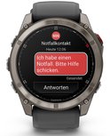 Grijze smartwatch met SOS-bericht: 'Ich habe einen Notfall. Bitte Hilfe schicken.'