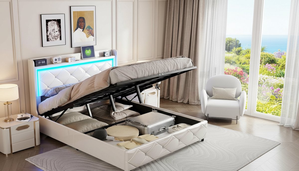 Opbergbed Tweepersoons 140x200 cm – Casa Velluto Aurora Luxe PU Bedframe met LED-verlichting, USB-poort en Hydraulische Opbergruimte – Modern Wit Gestoffeerd Bed met Lattenbodem