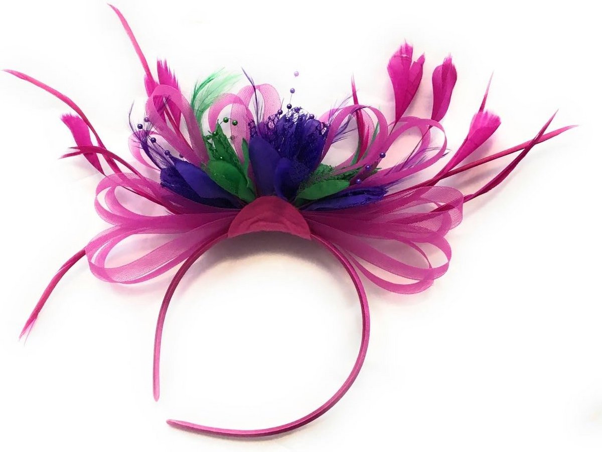 Fuchsia Roze Paarse Haar Fascinator Hoofdband met Veren voor Bruiloft en Feest