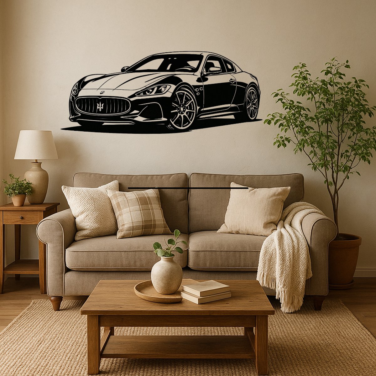 BR2Laser Maserati Gran Turismo – Wanddecoratie – Lasergesneden Hout – Autokunst – 35 cm Breed