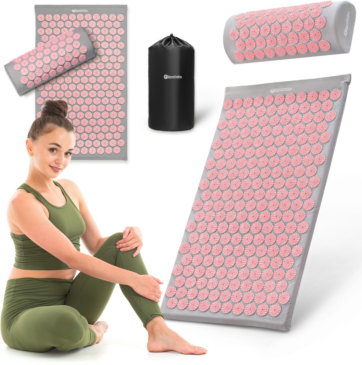 HyperMotion Acupressuurmat met Kussen en Draaghoes – 72 cm – Grijs/Roze