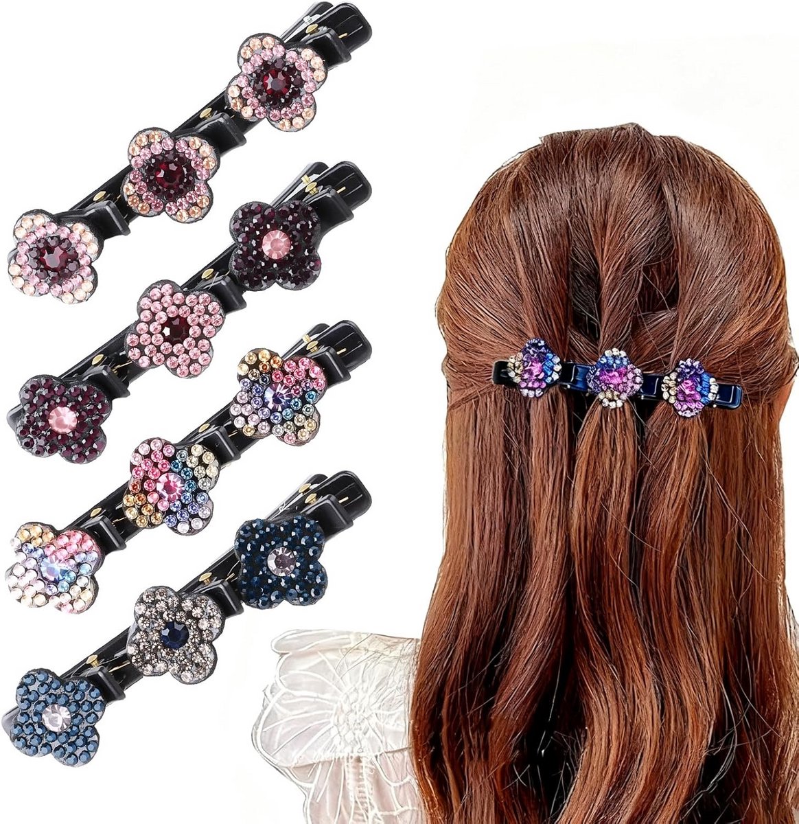 Set van 4 Gevlochten Haarclips met Fonkelende Kristallen Stenen en Mini-Accessoires
