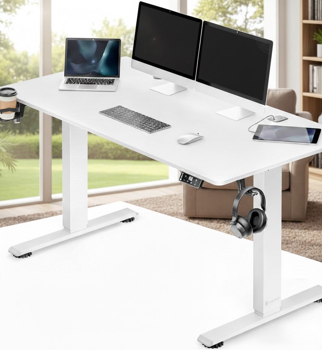 Ergonomisch In Hoogte Verstelbaar Elektrisch Bureau 160x70 cm met Draadloze Oplader en USB-C Poorten - Modern Schrijfbord met LCD-scherm, Opbergfunctie en Kabelorganizer - Casa Serena – Casa Dorada