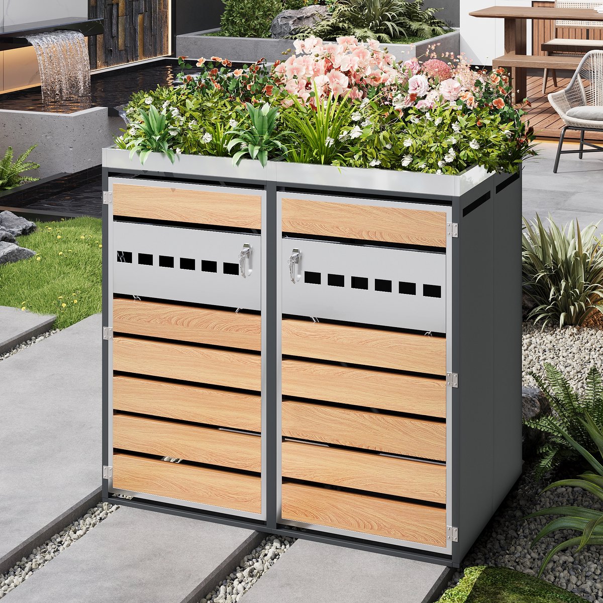 OKWISH Mülltonnenkast Met Plantenbak - Afsluitbaar Met 2 Deuren - Met Ventilatie - Voor Tuin En Oprit - Staal Grijs Hout